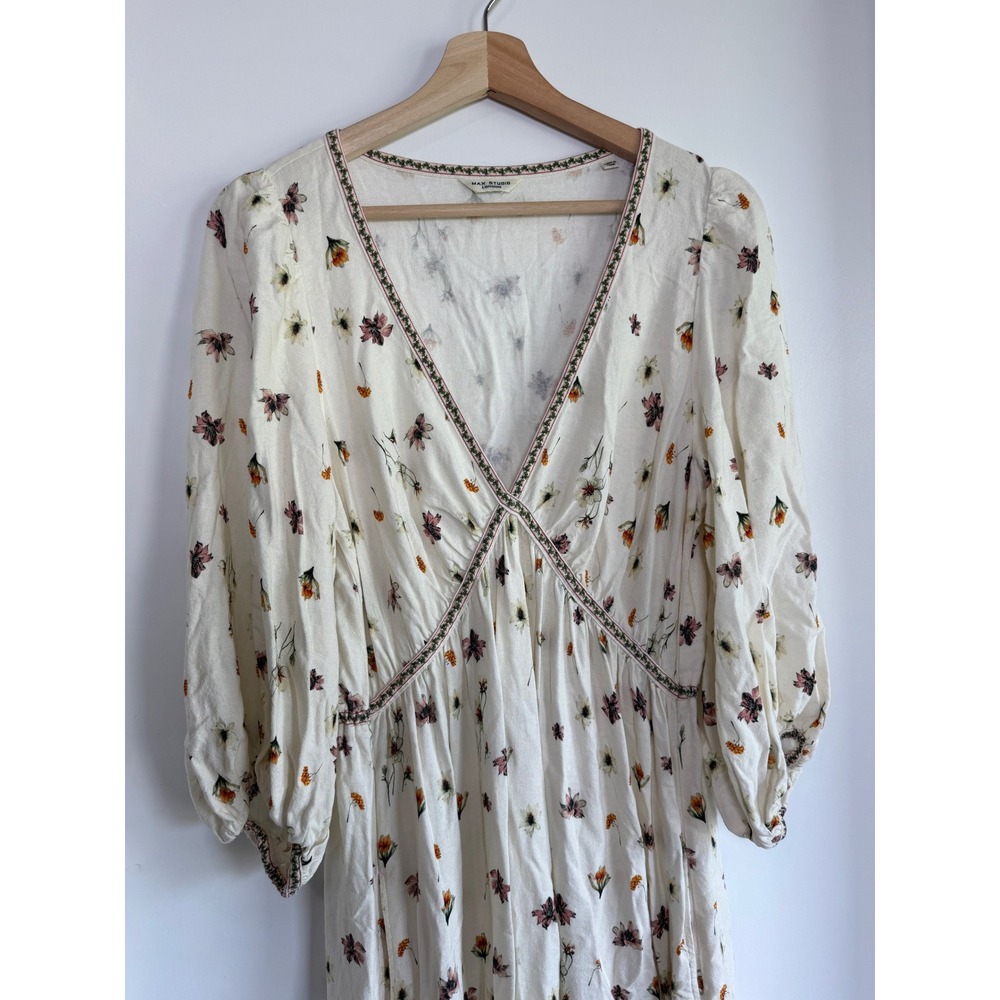 Max Studio London Floral Maxi Dress Cream Embroidered V-Neck Balloon Sleeve - Picture 4 of 10